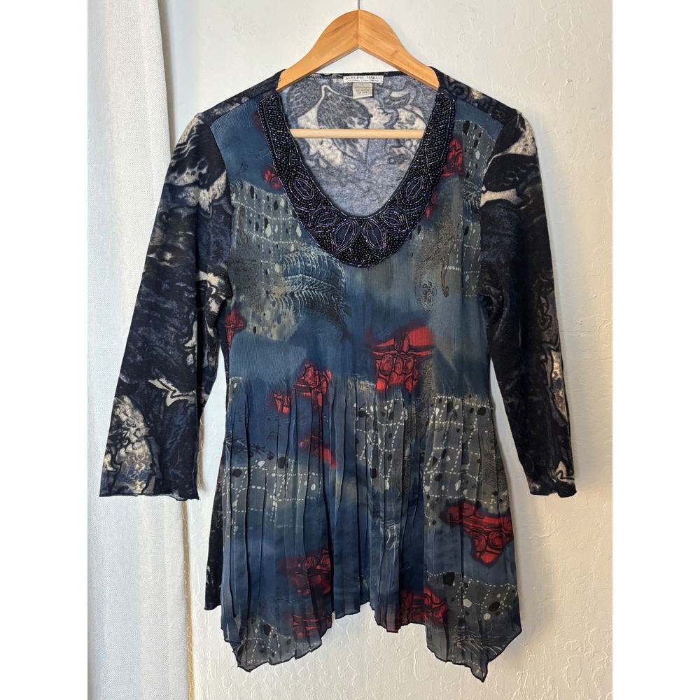 Alberto Makali Blue Abstract Beaded V-Neck Pleated Tunic Top Womens Large